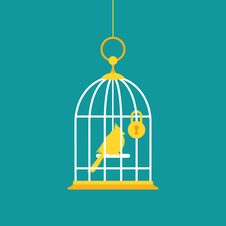 Locked golden bird cage with golden bird inside. Trap, imprisonment, jail concept. Freedom, dream, happiness in a cage. Cage for a canary.のイラスト素材