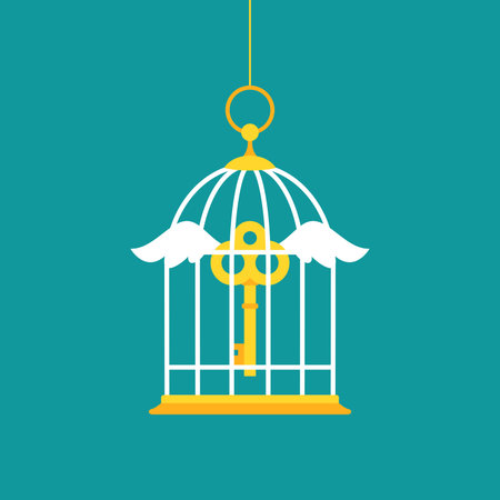 Locked golden bird cage with golden vintage key with wings. Limitation of thinking concept.のイラスト素材