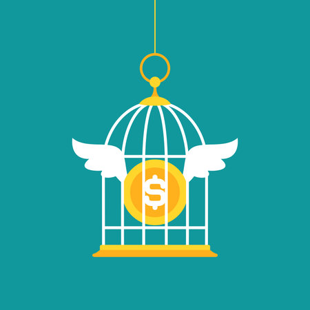 Locked golden bird cage and golden dollar coin with wings. Trap, imprisonment, jail concept.のイラスト素材