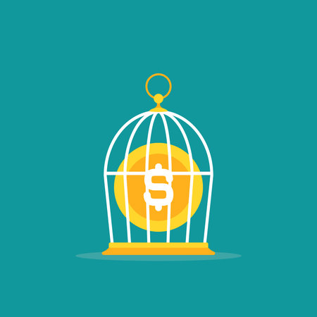 Locked golden bird cage and golden dollar coin. Trap, imprisonment, jail concept.のイラスト素材