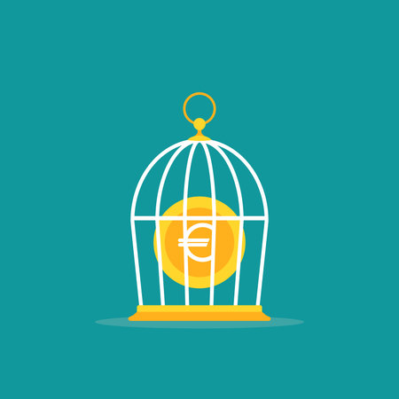 Locked golden bird cage and golden euro coin. Trap, imprisonment, jail concept.のイラスト素材