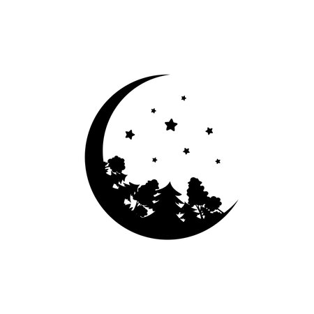 Black half moon with stars and forest. Magic, fantasy, legends, nature.のイラスト素材