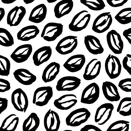 Hand drawn ink coffee beans seamless pattern on white background. Paint sketch for caffeine, cafe, espresso. vector ornament. Good for print on paper or fabric.のイラスト素材