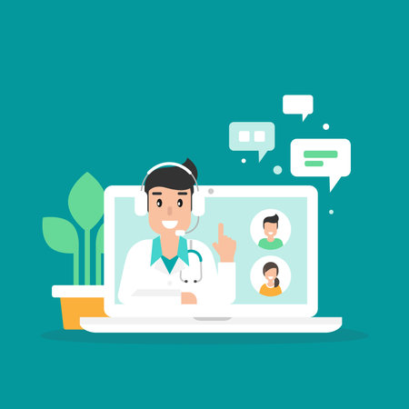 Doctor on the laptop screen. Medical internet consultation or webinar. Healthcare consulting web service. hospital support online. computer doctor. Ask a doctor. Vector flat illustration on blueのイラスト素材