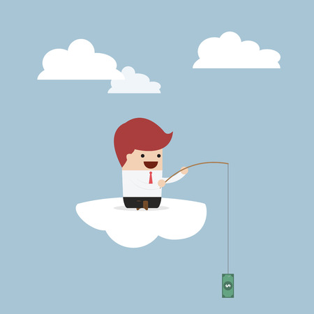 Businessman sitting on cloud with fish hook and dollar bait, VECTORのイラスト素材
