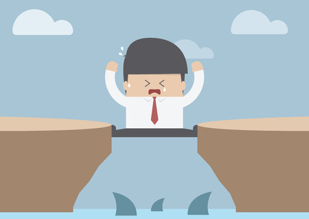 Businessman between the cliff with shark, Business crisis concept, VECTOR, EPS10のイラスト素材