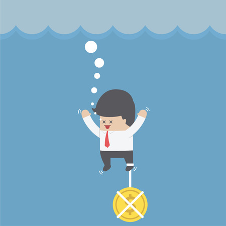 Drowning businessman with dollar coin chain on his leg, VECTOR, EPS10のイラスト素材