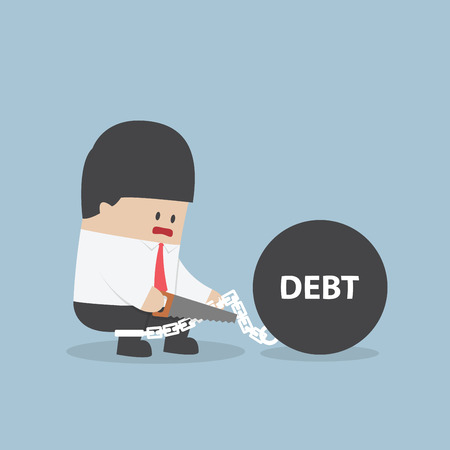 Businessman trying to destroy debt chain by hacksaw, VECTOR, EPS10のイラスト素材