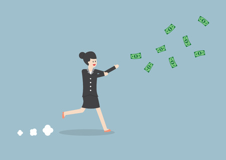 Businesswoman chasing falling dollar bills, VECTOR, EPS10のイラスト素材