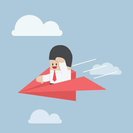 Businessman is flying on paper airplane and looking forward, VECTOR, EPS10のイラスト素材