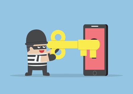 Thief or hacker hacking smartphone by key, VECTOR, EPS10のイラスト素材
