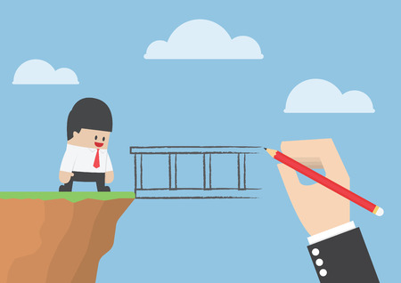 Big hand drawing a bridge for help businessman to cross abyssのイラスト素材