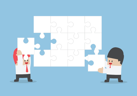 Businessman help each other to assemble blank jigsaw, VECTOR, EPS10のイラスト素材