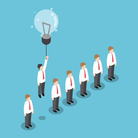 Isometric businessman flying out from the crowd by light bulb of ideaのイラスト素材