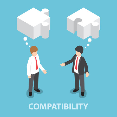 Isometric businessman in conversation with blank speech jigsaw shape, compatibility, collaboration, joint efforts conceptのイラスト素材