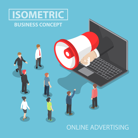 Isometric businessman hand with loudspeaker sticking out from laptop with people, social media marketing, online advertising conceptのイラスト素材