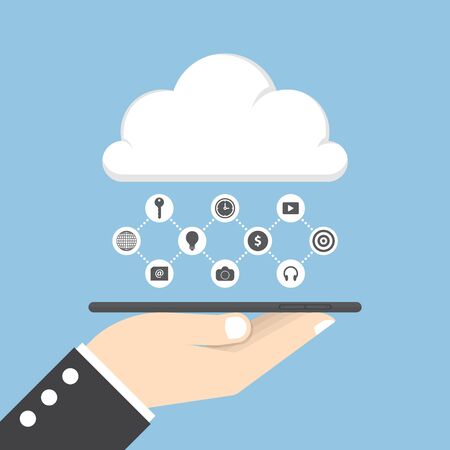 Businessman hand holding tablet and share data on cloud, cloud computing conceptのイラスト素材