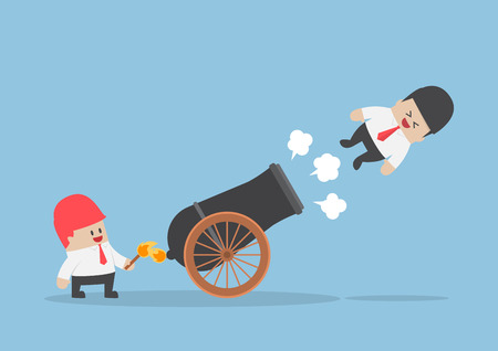 Businessman shot out from cannon, shortcuts to success, business team conceptのイラスト素材