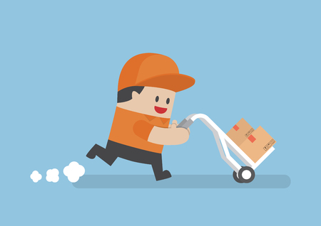 Delivery man delivering cardboard boxes by cart, delivery service, logistics management, fast shipping conceptのイラスト素材