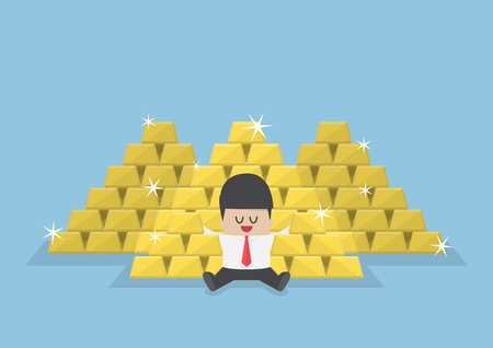Businessman sitting with a pile of gold bars, gold market, successful business, wealth conceptのイラスト素材