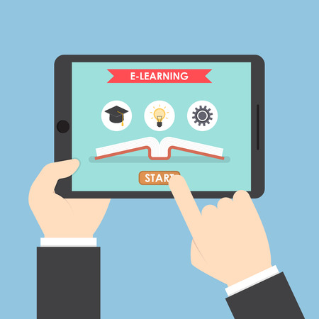 Businessman hands holding tablet computer with e-learning system, E-Learning conceptのイラスト素材