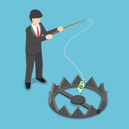Isometric businessman stole money from bear trap by fishing rod, investment risk, business challenge conceptのイラスト素材