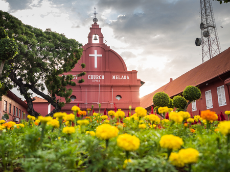 MALACCA, MALAYSIA - FEB 29: Malacca Christ Church at Dutch Square historical city centre on Feb 29, 2016 in Malacca, Malaysia. Malacca was included in the list of UNESCO World Heritage Sites in 2008.のeditorial素材
