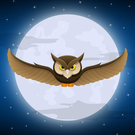 Owl flying with full moon and star background and space for halloween holiday text, Halloween night postcardのイラスト素材
