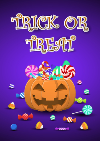 Halloween sweets and candies in pumpkin bucket with trick or treat word, halloween background postcardのイラスト素材