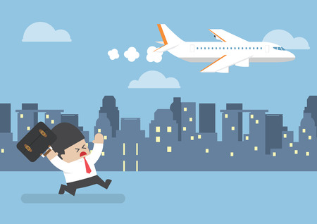 Businessman who missed his flight running behind a plane, time management conceptのイラスト素材