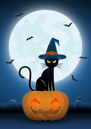 Black cat wearing witches hat sit on pumpkin head with full moon and vampire bats in background, Happy Halloween background cardのイラスト素材