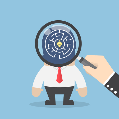 Hand use magnifying glass to search idea in businessman head, searching for good idea conceptのイラスト素材