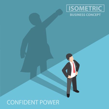 Flat 3d isometric businessman with his superhero shadow on the wall, confident power and business leadership conceptのイラスト素材