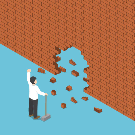 Flat 3d isometric businessman use hammer breaking the wall, leadership and business solution conceptのイラスト素材