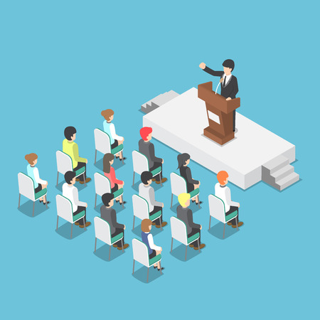 Isometric businessman speaking at a podium in a conference, public speaker, business meeting conceptのイラスト素材