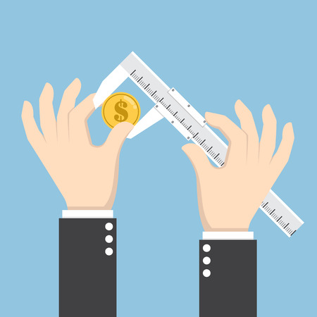 Businessman hand measuring dollar coin with calipers, finance analysis conceptのイラスト素材
