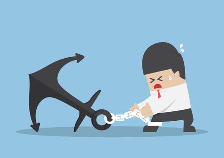 Businessman chained to a heavy metal anchor, business career obstacle and debt conceptのイラスト素材