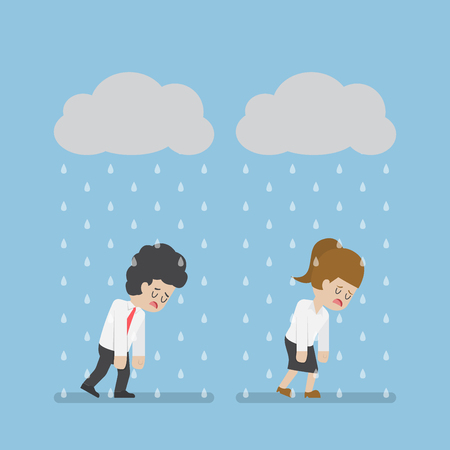 Sadness Businessman and Businesswoman Walking Under Cloud and Rain. Business Failure and Stress Conceptのイラスト素材