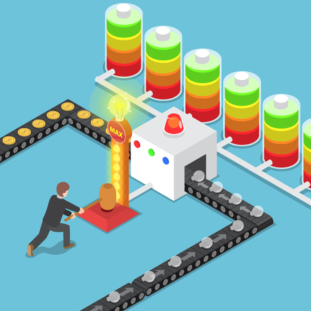 Isometric businessmen use power to create good idea and turn it into money, make money from good idea conceptのイラスト素材