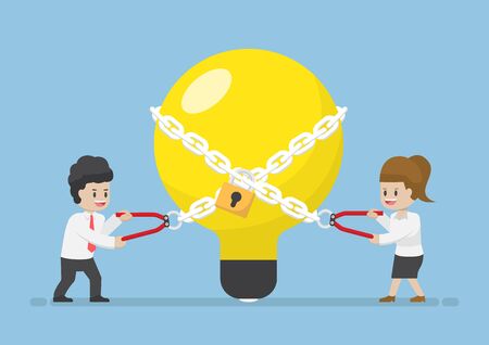 Businessman and Businesswoman trying to Unlock Light Bulb of Idea, Business Ideas Unleashed Conceptのイラスト素材