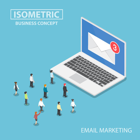 Isometric business people looking to new email notification on laptop monitor, email marketing and communication conceptのイラスト素材