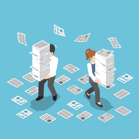 Flat 3d isometric stressful businessman holding stack of paper, overload work and very busy conceptのイラスト素材