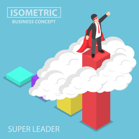 Flat 3d isometric super businessman standing on the top of the graph over the cloud, business superhero, effective leadership conceptのイラスト素材