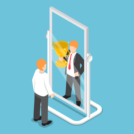 Flat 3d isometric businessman see himself being successful in the mirror, successful career conceptのイラスト素材