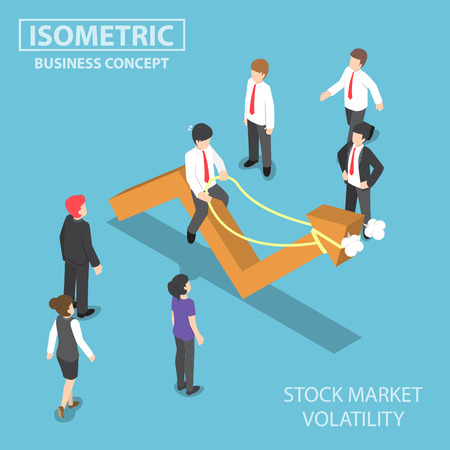 Flat 3d isometric businessman riding skittish stock market graph, investment risk and stock market volatility conceptのイラスト素材