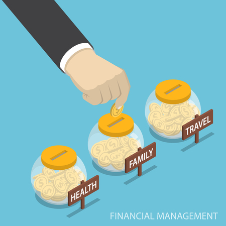 Flat 3d isometric businessman hand put coin into family, health, travel bottle, financial management conceptのイラスト素材
