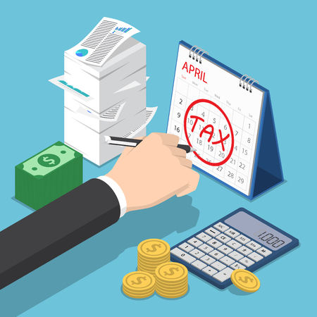 Flat 3d Isometric Businessman Hand Marking Tax Sign On Calendar. Tax Day Conceptのイラスト素材