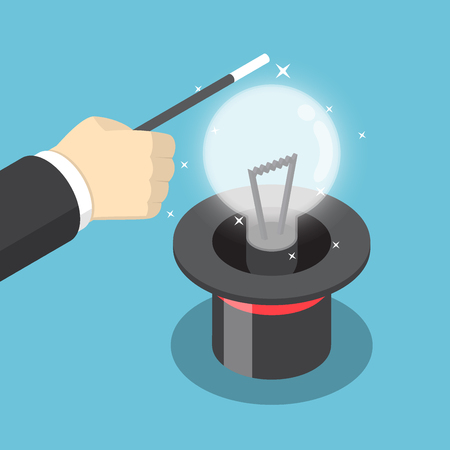 Isometric businessman hand use a magic trick to make light bulbs of idea from hat. Idea concept.のイラスト素材