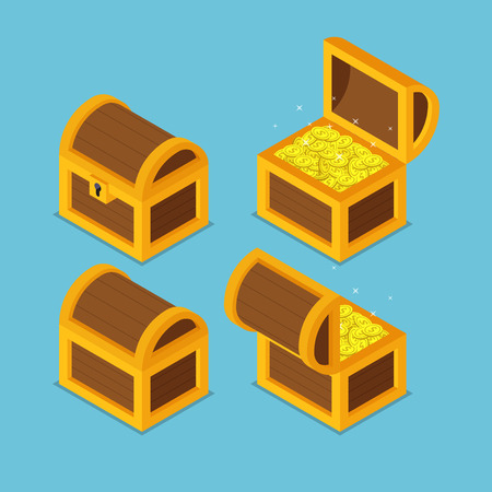 Flat 3d isometric open and closed wooden treasure chests.のイラスト素材