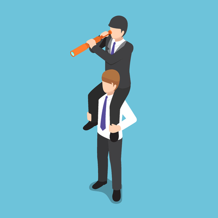 Flat 3d isometric man riding on his colleague shoulder.のイラスト素材